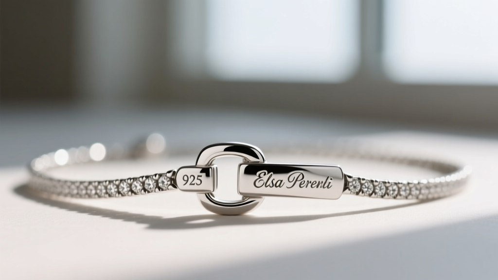 Macro shot of a sterling silver Tiffany clasp on a Diamonds by the Yard necklace, showing 925 and Elsa Peretti hallmarks.
