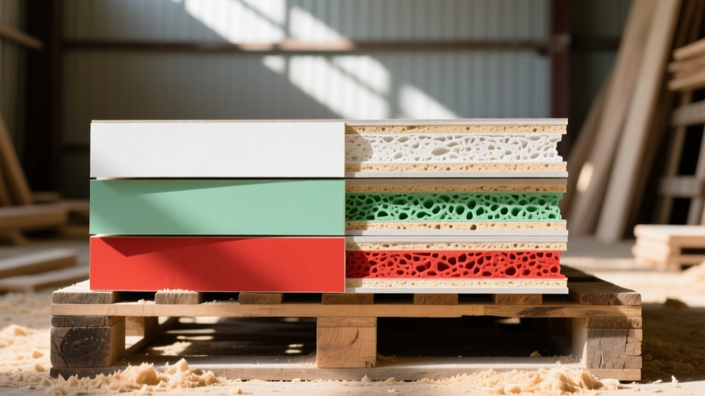 Cross-section of various gypsum board types including standard white, green moisture-resistant, and red fire-rated panels stacked in a well-lit lumberyard