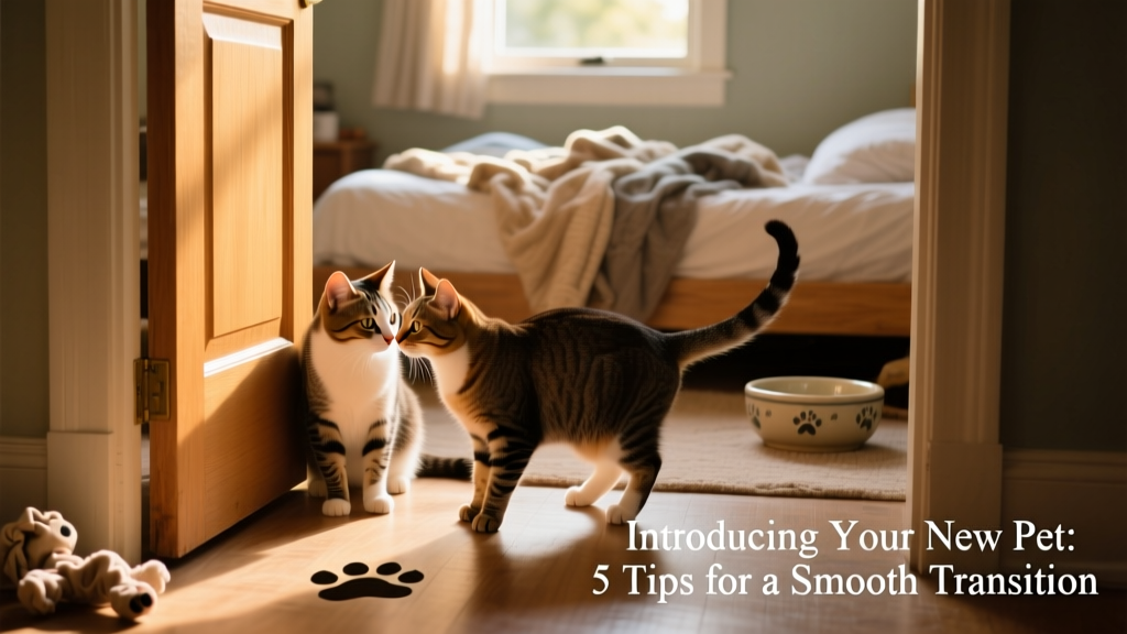 Two cats sniffing each other cautiously through a slightly ajar door, with a soft bed and water bowl visible in the background