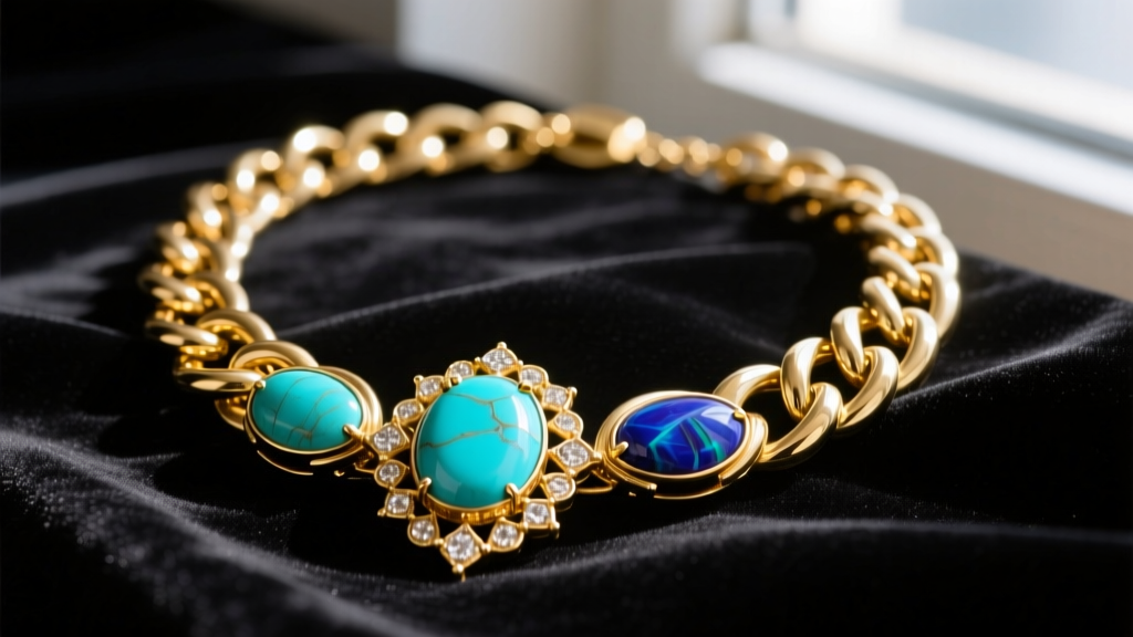 Close-up of 1970s gold-plated chunky chain necklace with faux turquoise and lapis lazuli cabochons resting on dark velvet fabric.