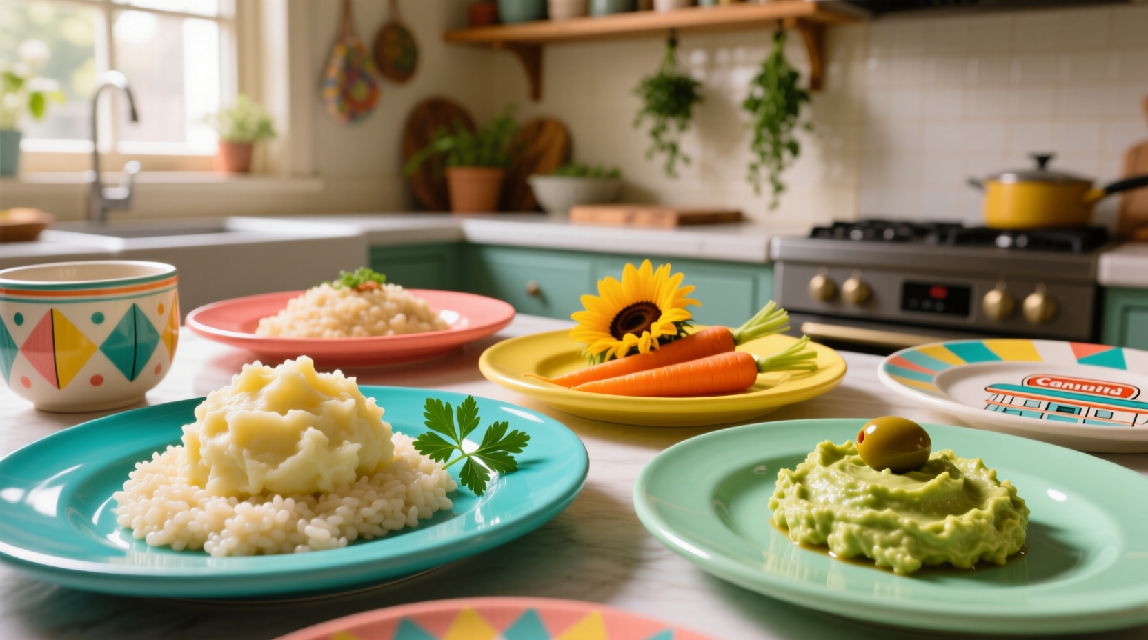 Variety of soft food options on colorful plates