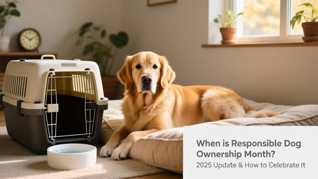 A calm, confident dog resting peacefully beside a tidy crate, clean water bowl, and soft bed—symbolizing a safe, loving home environment