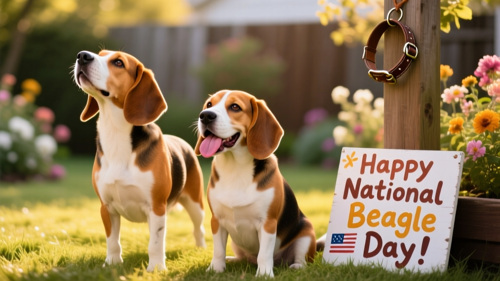 Two Beagles side-by-side, one standing alert with nose in the air, the other sitting calmly with tongue out
