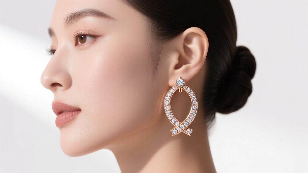 Elegant woman wearing Chaumet Liens rose gold diamond hoop earrings, soft studio lighting on the signature crossover pave setting.