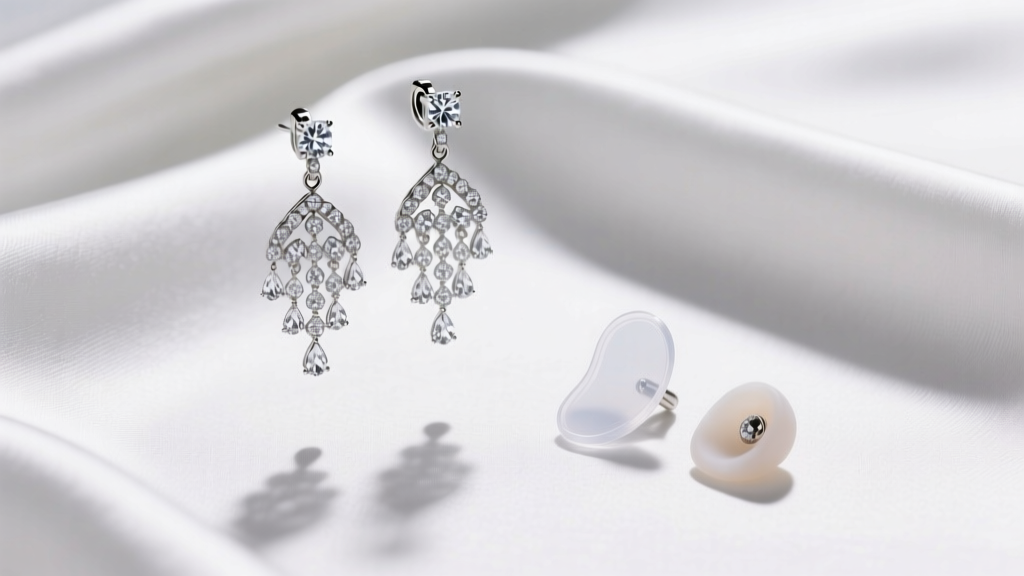 Flat lay of bridal jewelry on white silk showing diamond chandelier earrings next to small transparent adhesive earlobe support patches and silicone earring backs.