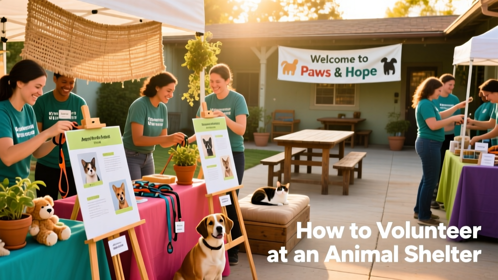 Group of diverse volunteers setting up colorful booths for a shelter adoption fair