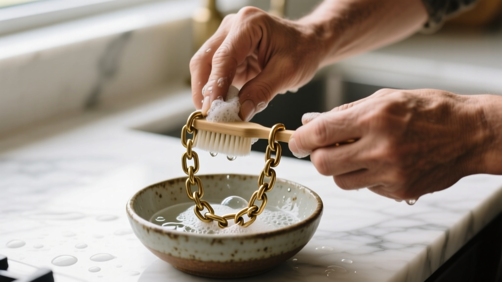 Hands scrubbing a tarnished brass chain grunge necklace with a soft toothbrush and soapy water in a small ceramic bowl