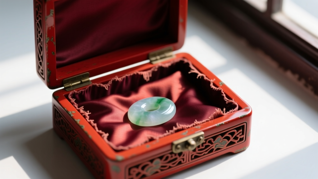 Open vintage Chinese red lacquer jewelry box showing faded silk lining, with a piece of jade resting inside the main compartment.