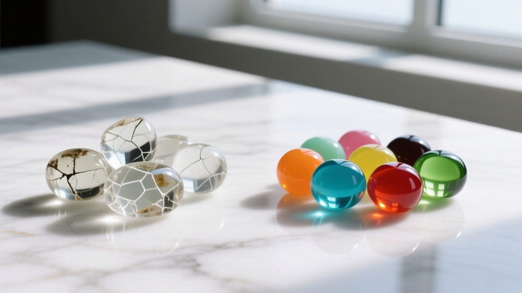 Flat lay comparing scratched acrylic candy beads on the left with pristine artisan resin candy beads on the right on white marble.
