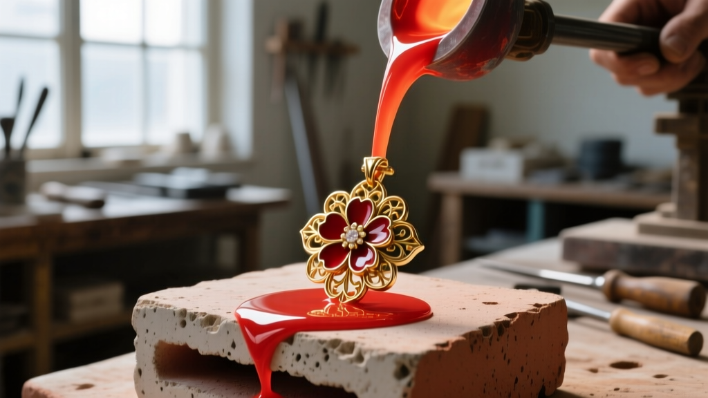 Red enamel frit melting into a champleve gold floral pendant base on a ceramic kiln brick inside a professional jewelry workshop.