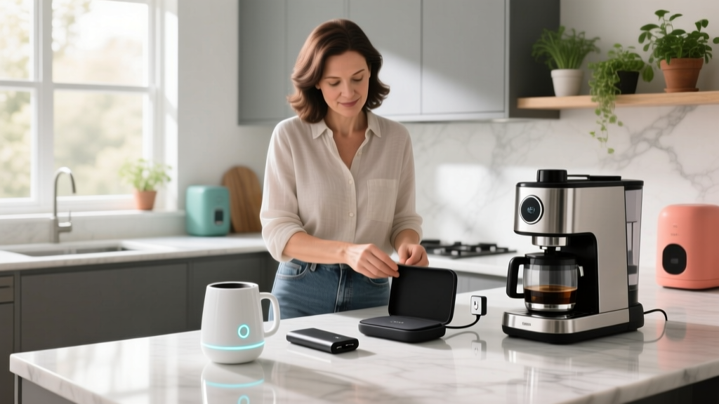 Mother organizing a kitchen counter with a smart mug warmer, compact power bank, and a smart plug controlling a coffee maker