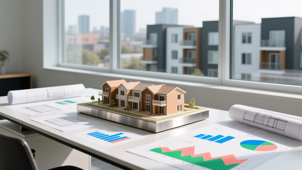 Architectural blueprints and financial charts spread across a modern desk with a scale model of attached townhomes in the background