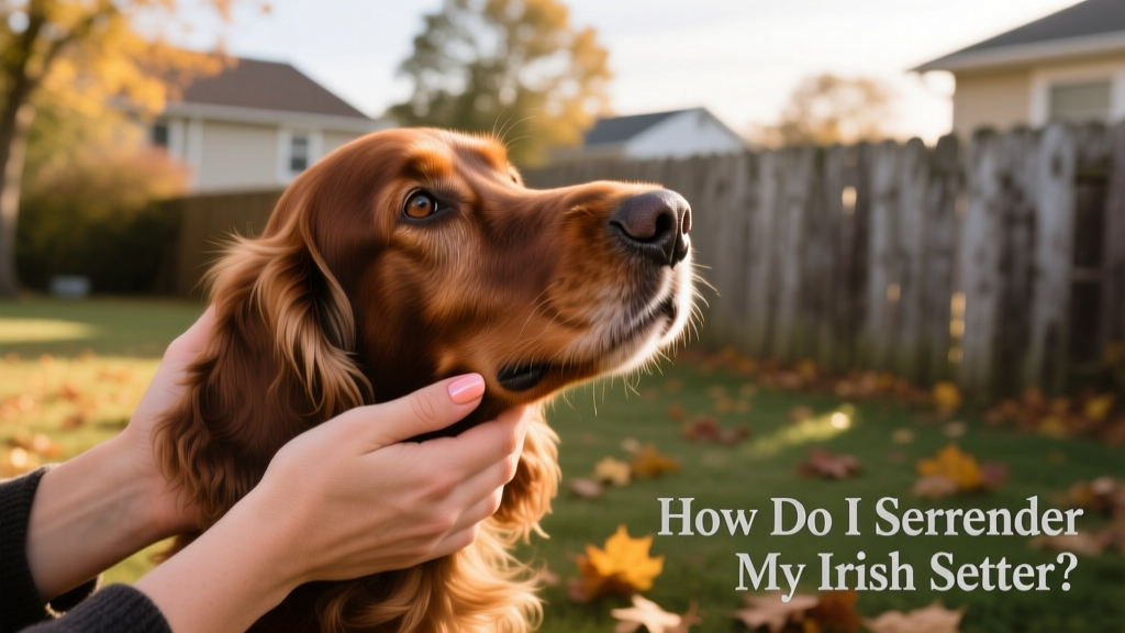 Two hands gently petting an Irish Setter’s head as the dog looks up with trusting, relaxed eyes