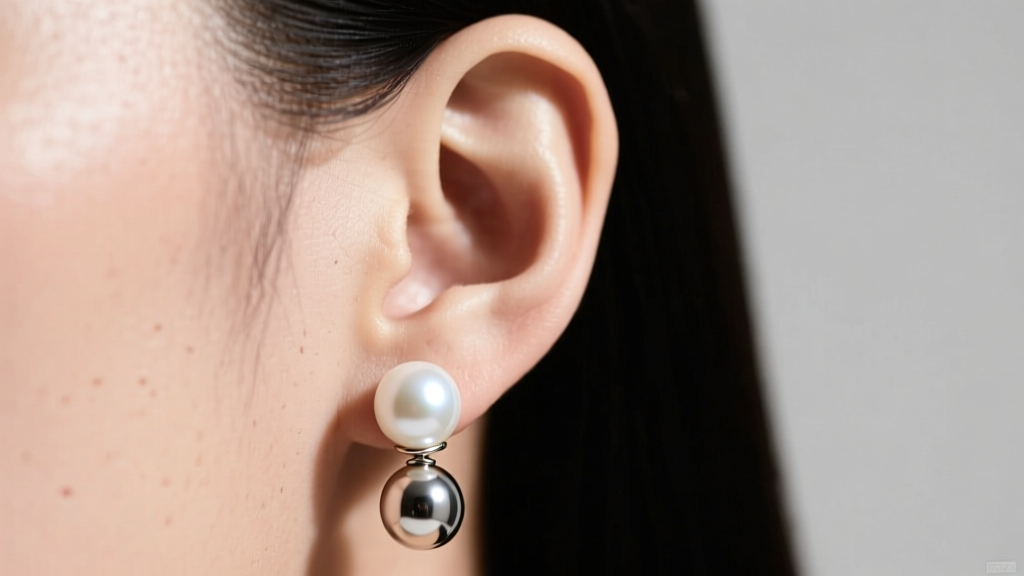 Side profile of an earlobe wearing a double ball earring, showing the front pearl flush while the metallic back sphere rests below