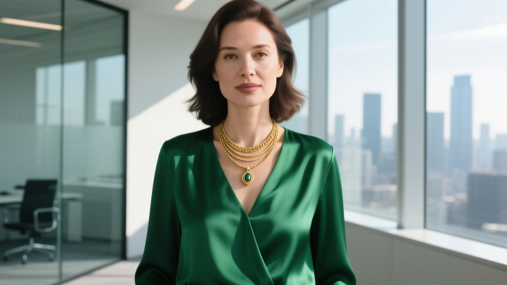 Woman wearing a layered vintage gold-tone pendant necklace over a silk emerald green blouse, styled for a modern office setting.