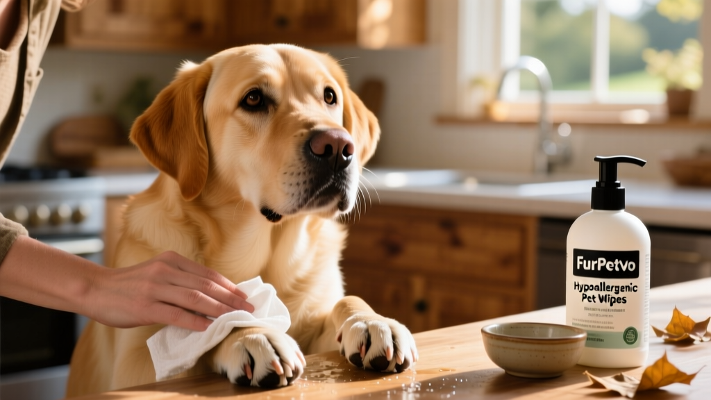 Dog owner gently wiping their Labrador’s paws with a damp cloth after a walk, with a bottle of FurPetVo hypoallergenic pet wipes visible on the counter
