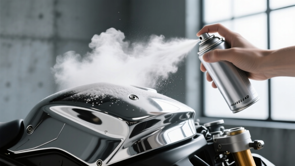 Close-up of a 3D scanning spray can coating a shiny chrome motorcycle part in a temporary matte white powder for digitization.