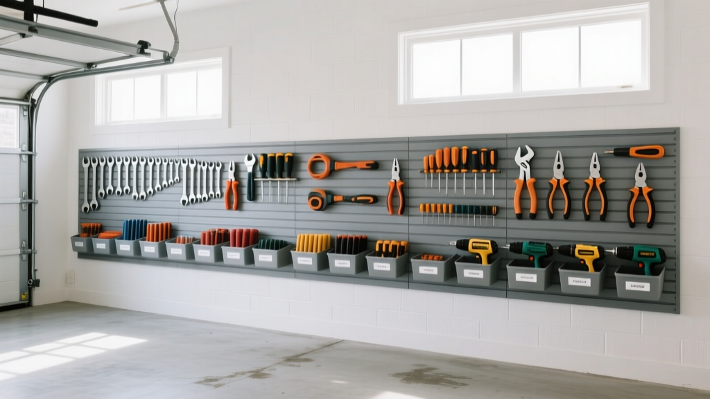Bright garage interior with painted drywall upper walls and gray PVC slatwall panels on the lower half holding organized tools