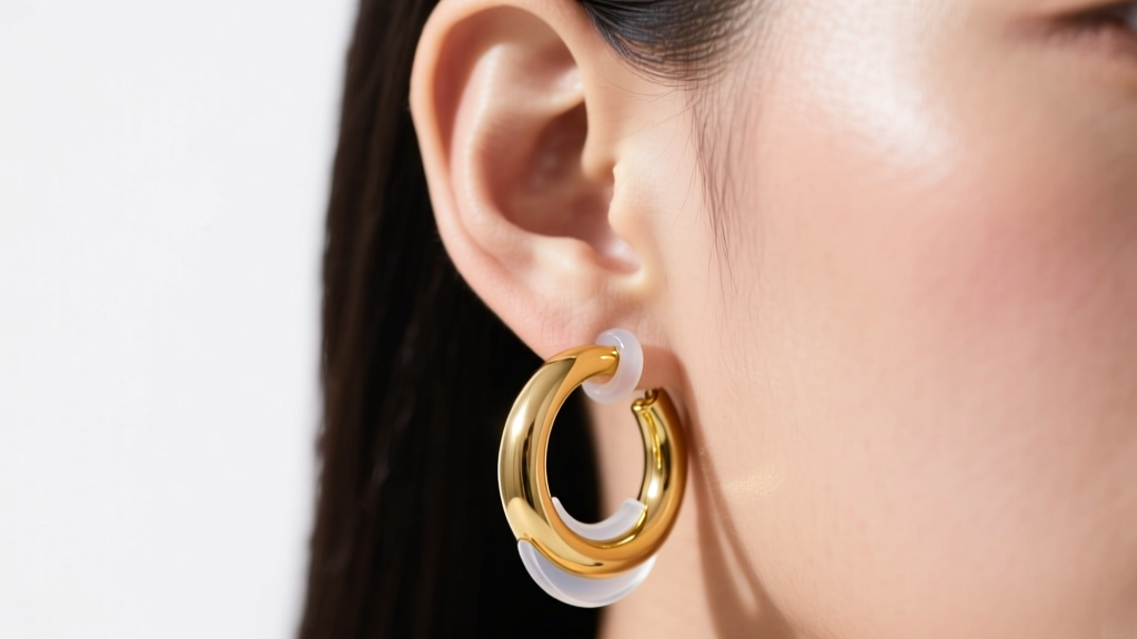 Close-up of an ear wearing large hollow 14k gold hoops with a clear silicone support disc back under soft studio lighting.