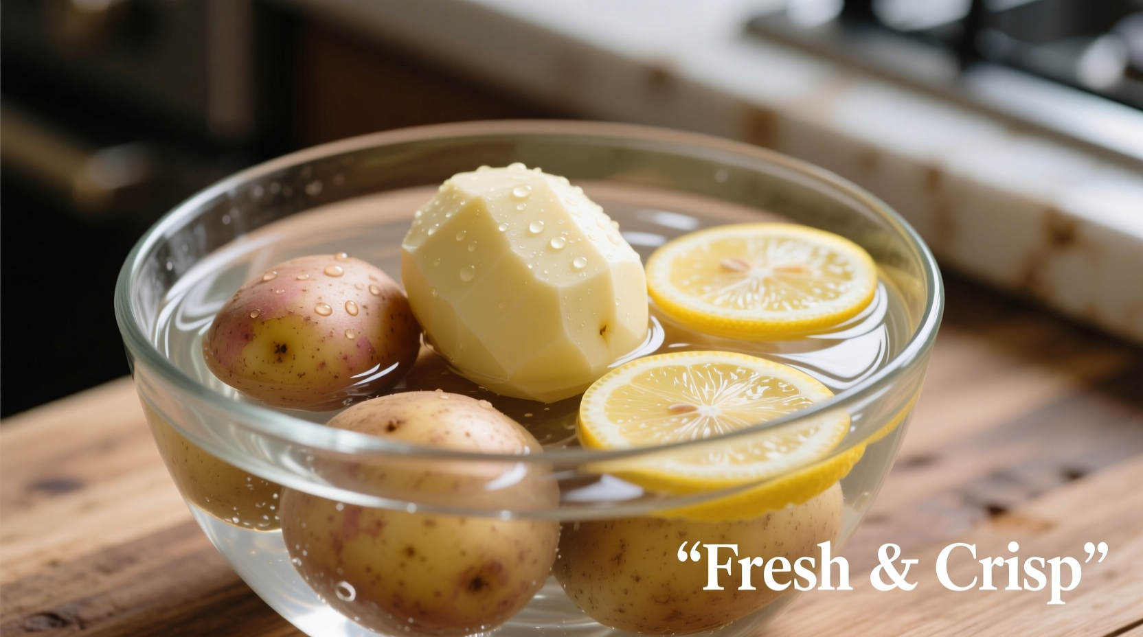 Freshly peeled potatoes submerged in water with lemon slices