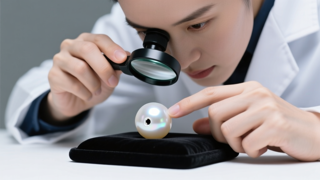 Gemologist inspecting the drill hole and nacre of a loose white South Sea pearl using a 10x loupe under bright studio lighting.