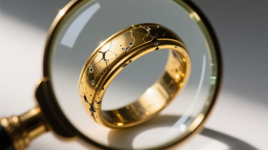 Close-up of a loupe magnifying a worn gold-plated ring, revealing the brass base metal beneath the faded gold surface layer.