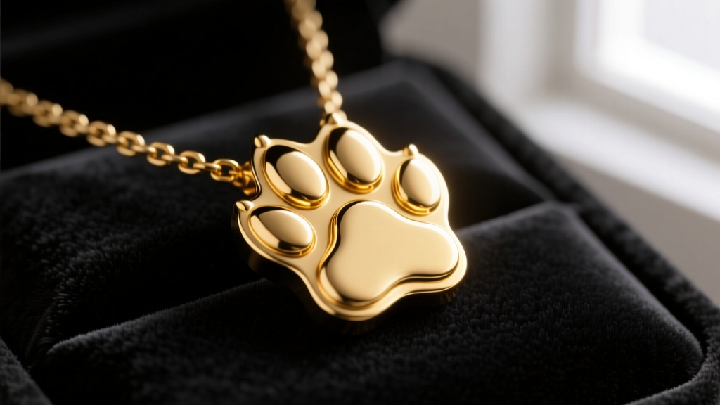 Macro shot of a 14k yellow gold custom pawprint necklace on dark velvet, highlighting deep detailed ridges of the pet toe pads.