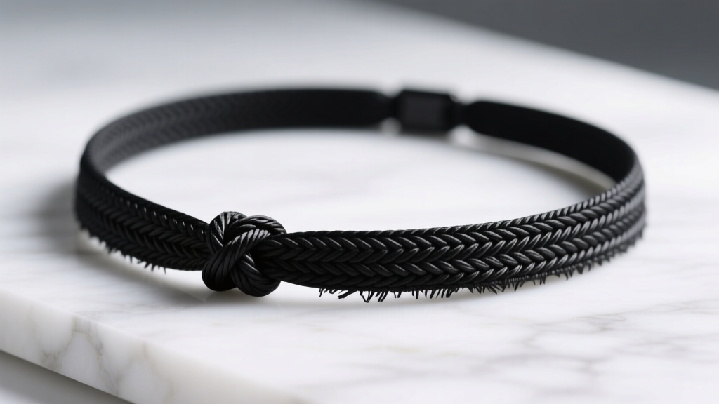 Black woven nylon necklace choker tattoo on white marble, lit by soft studio lighting, captured with a macro lens.