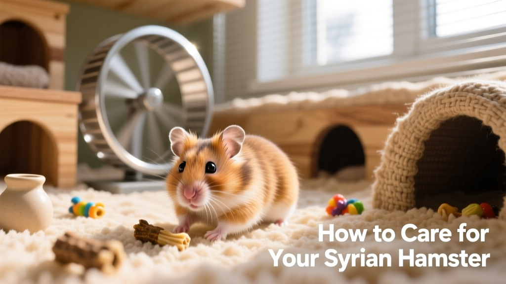A healthy, alert Syrian hamster exploring a clean, well-equipped habitat with bedding, a wheel, and hiding spots