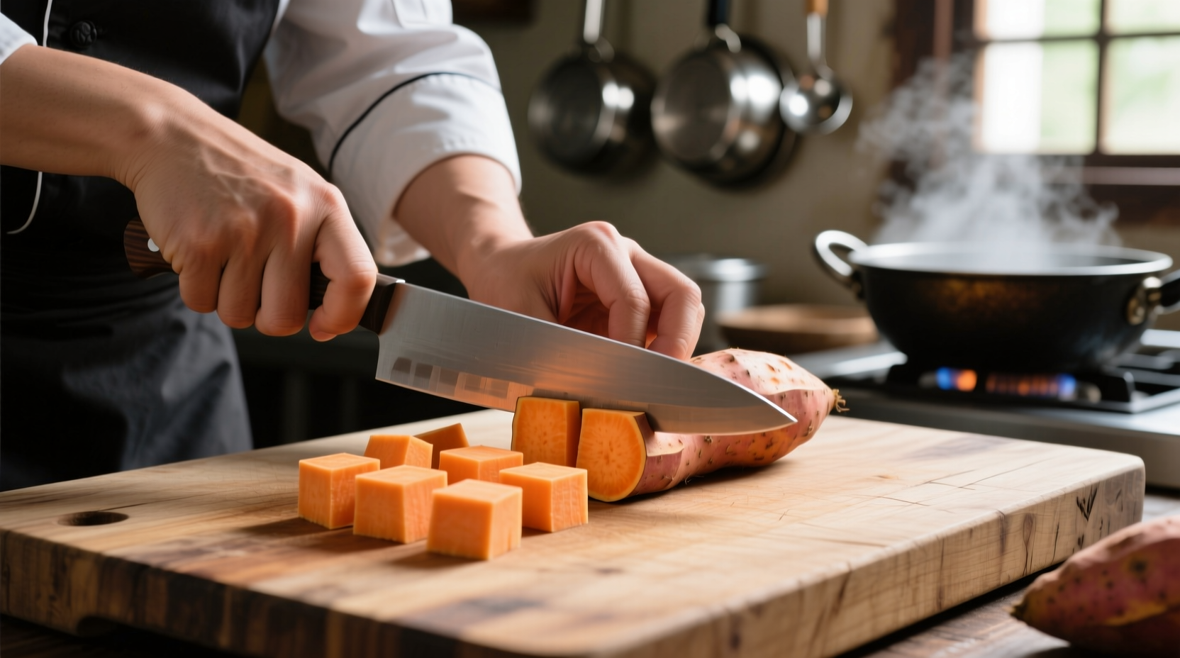 Chef's hands cutting uniform sweet potato cubes on cutting board