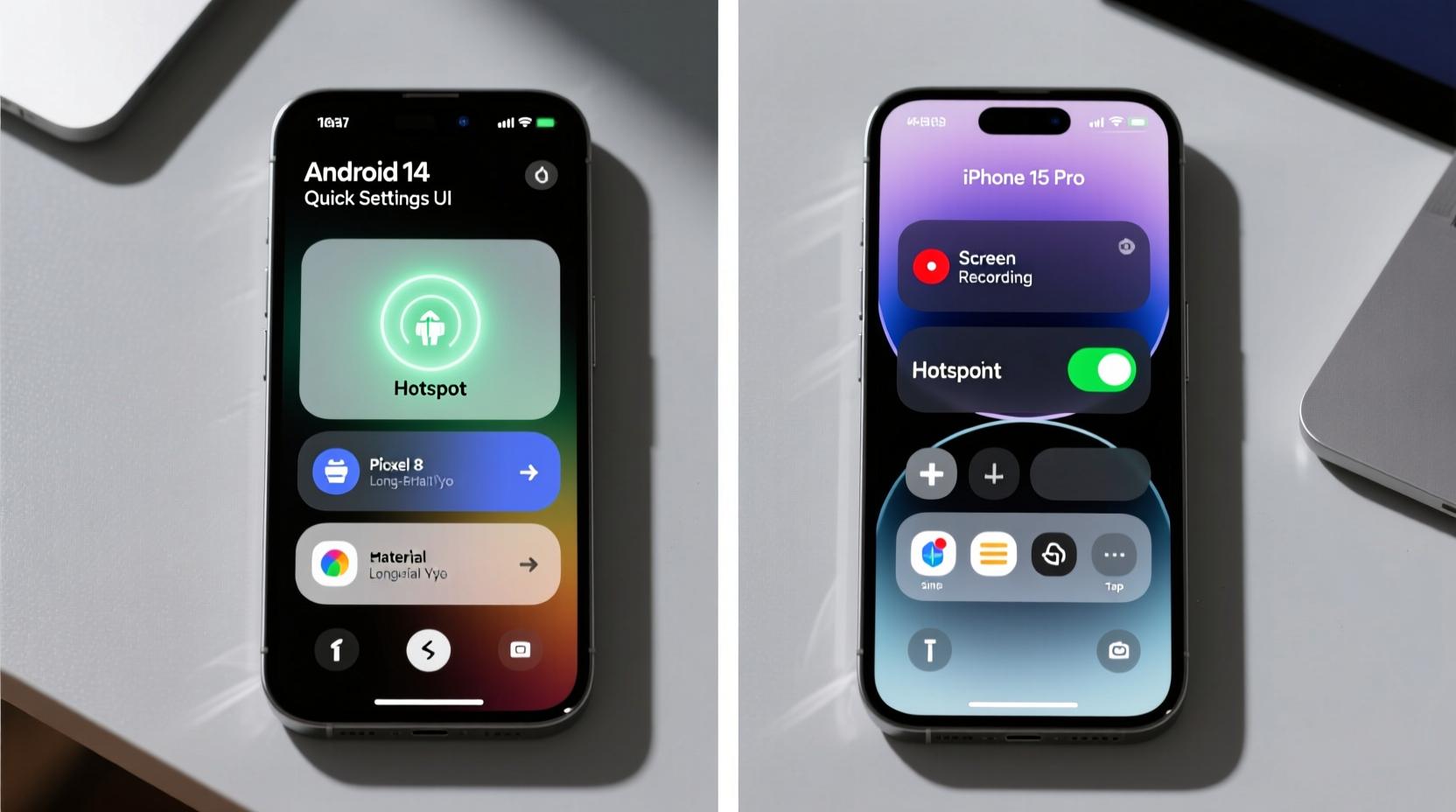 Side-by-side visual comparison: Android Quick Settings panel with highlighted long-press hotspot tile, and iOS Control Center with screen recording and hotspot icons visibly active and accessible with single taps