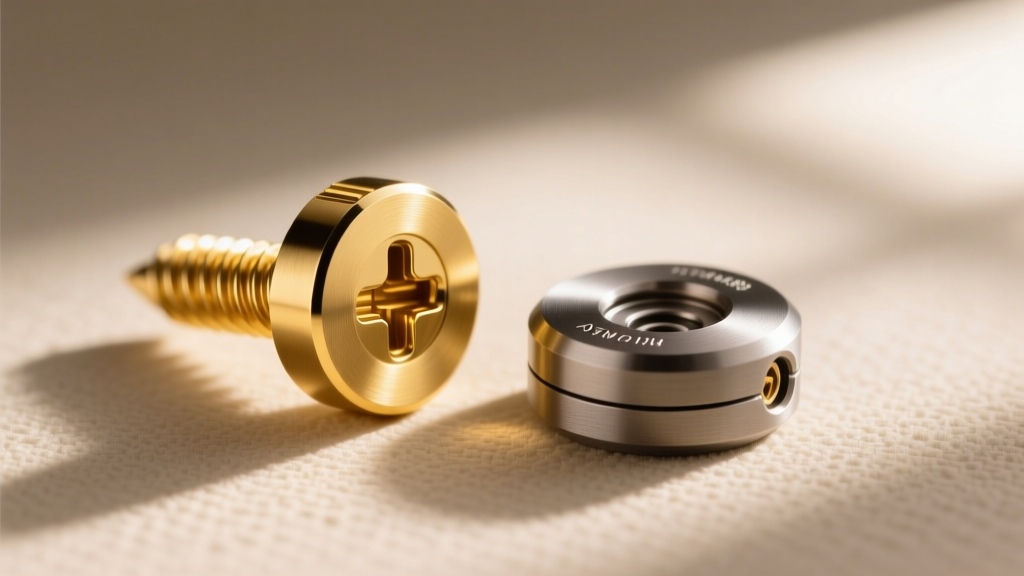 Close-up comparing an 18k yellow gold screw back and a matte ASTM F136 titanium friction back on a neutral beige background.