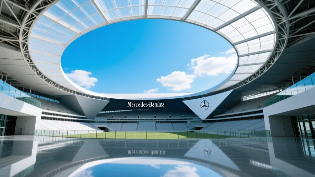Interior view looking up at the 71,000-square-foot retractable oculus roof of Mercedes-Benz Stadium fully opened during daytime