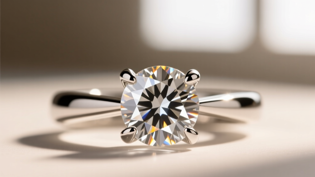 Macro shot of a platinum 3 prong diamond setting, displaying precise metal claws gripping the girdle of a round brilliant stone.
