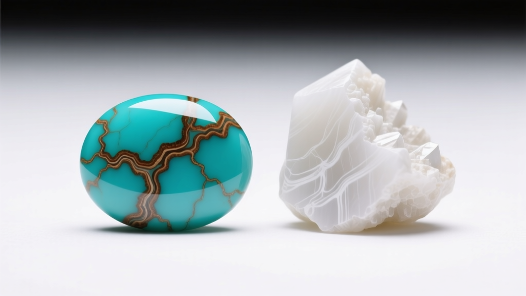 Macro shot of natural turquoise cabochon with brown matrix veins beside a dyed howlite imitation under bright studio lighting.