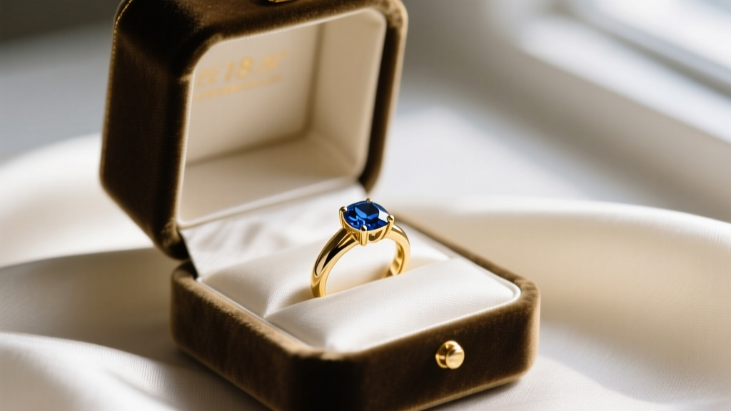 A beautifully lit velvet gift box opening to reveal a restored vintage 18k gold sapphire engagement ring resting on a silk cloth
