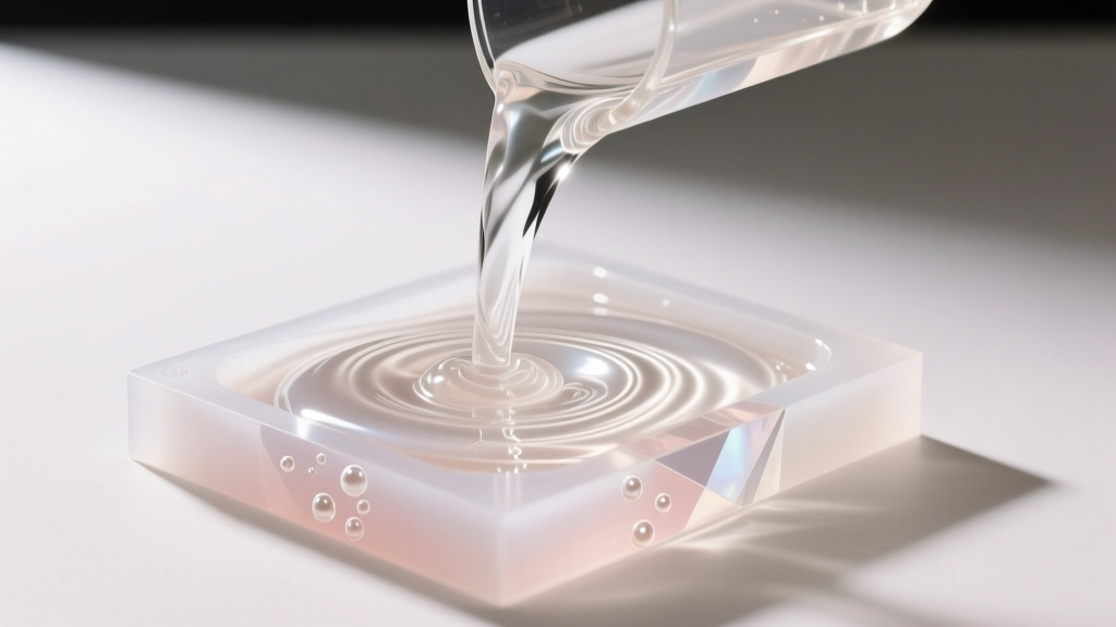 Clear epoxy resin pouring into a faceted silicone mold, showing flawless transparency under soft, warm studio lighting.