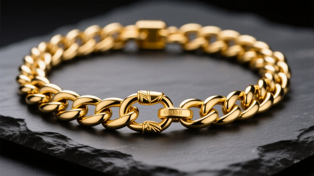 Macro shot of 14k yellow gold Cuban chain link necklace with sturdy lobster clasp resting on dark slate under studio lighting.