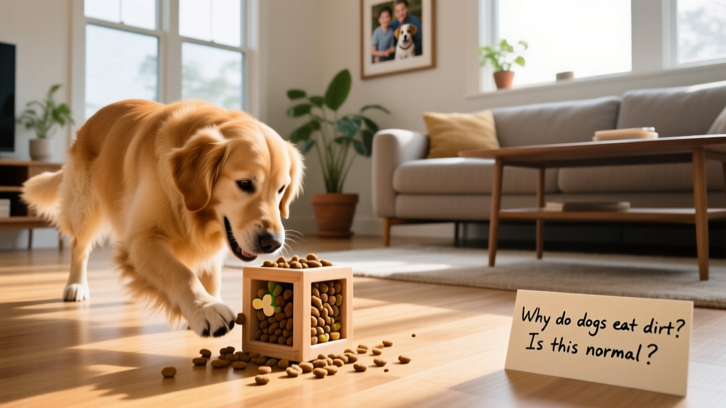 Dog playing with a puzzle toy filled with treats in a sunlit living room