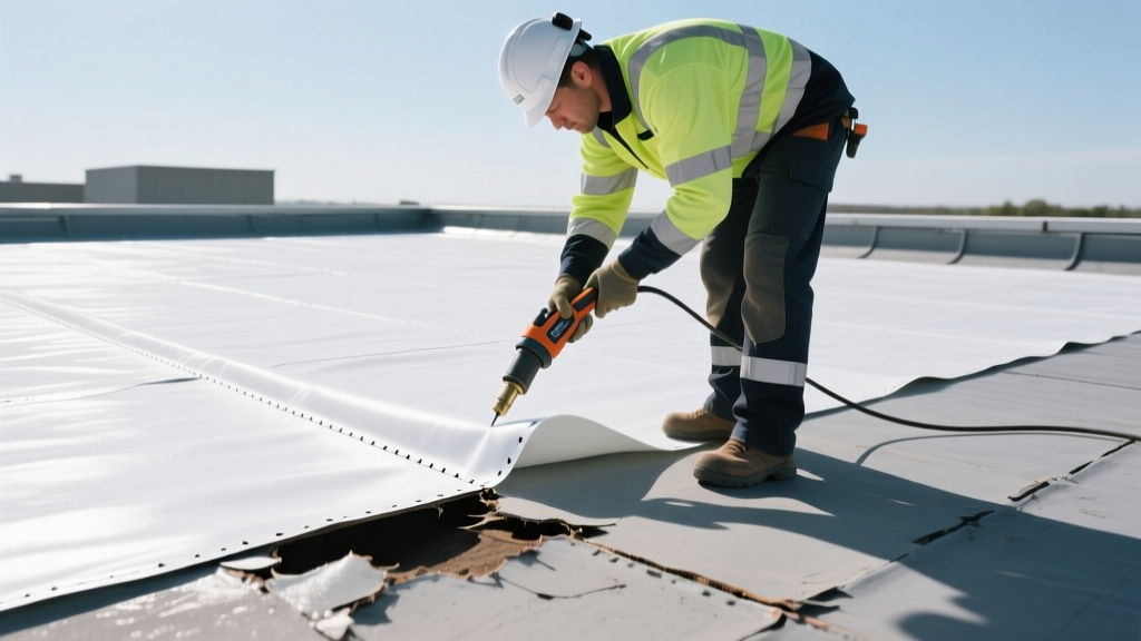 Commercial roofer using a hot air welder to apply a white TPO membrane patch over a damaged seam on a flat commercial roof.