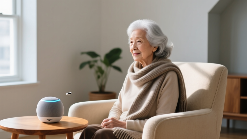 Elderly woman with silver hair sitting in a beige armchair speaking to a spherical Amazon Echo Pop smart speaker on a wooden side table