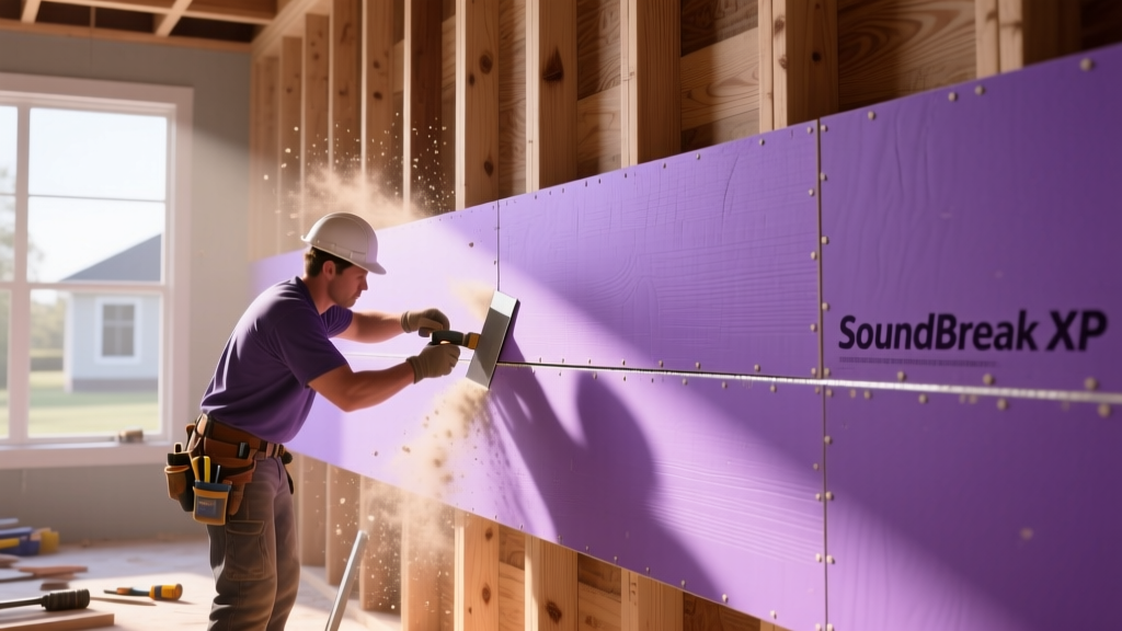 Contractor scoring a heavy purple SoundBreak XP gypsum board on a staggered wood stud wall during multi-family residential framing