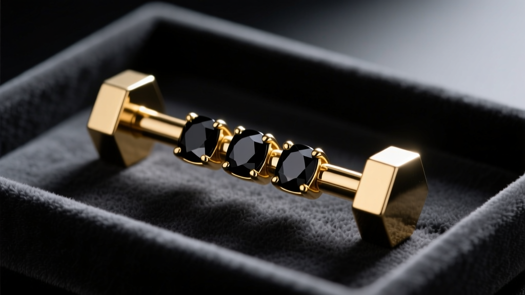 Close-up of a 14k gold industrial barbell with black onyx gems resting on a dark velvet display tray, moody studio lighting