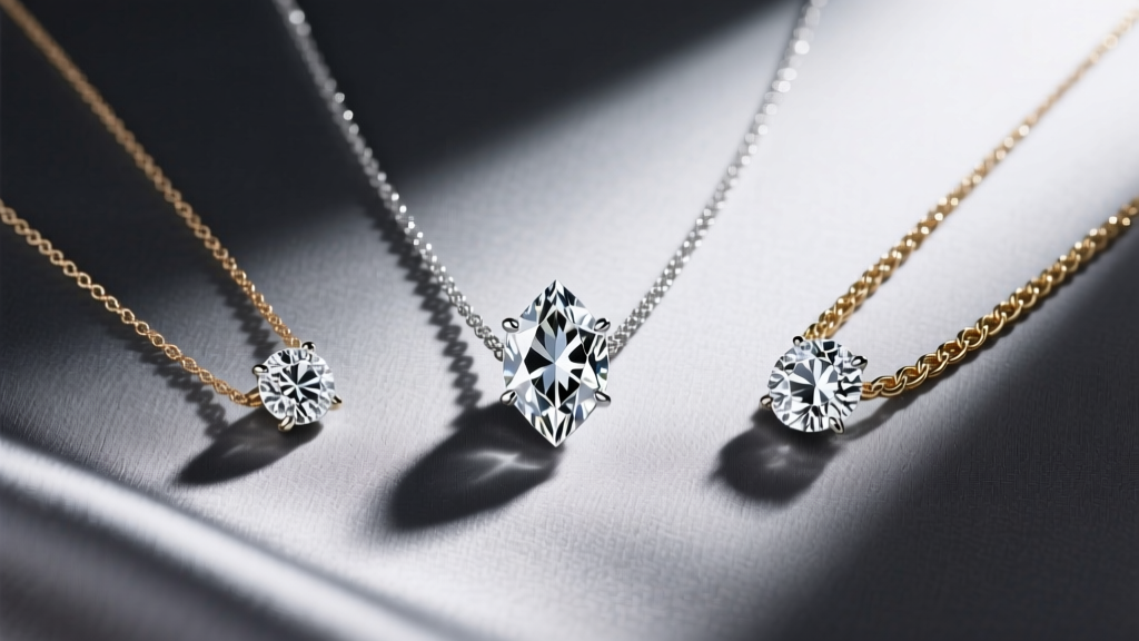 Flat lay of three distinct 2 diamond necklaces resting on charcoal silk, showcasing varying chain gauges and kite-cut stone shapes