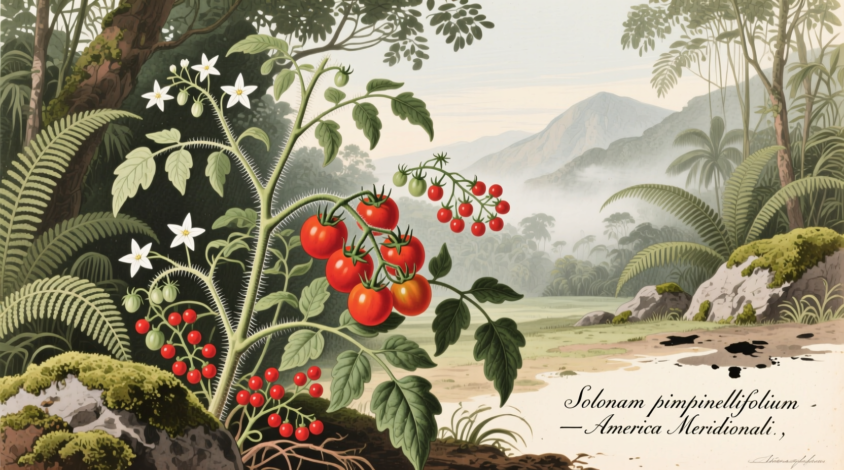 Historical illustration of wild tomato plants in South America