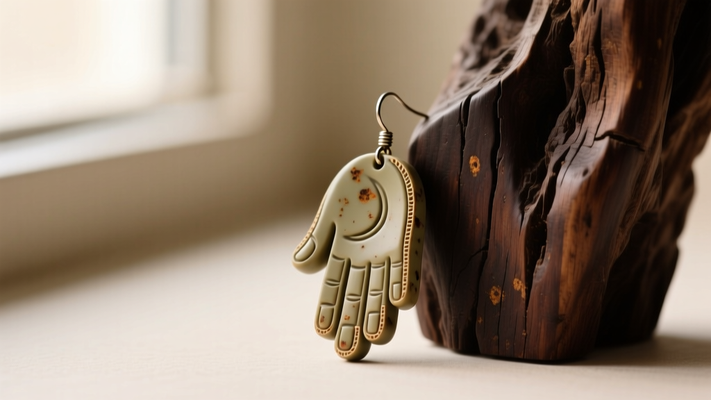 Macro view comparing a vulcanite hand motif earring with khaki discoloration next to a pristine dark brown bog oak wood carving.