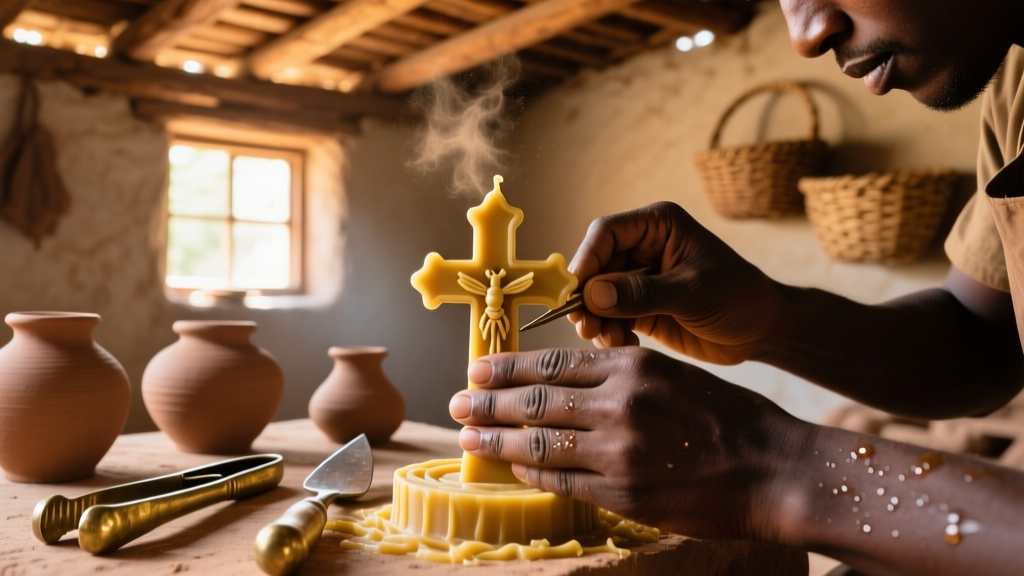 Artisan hands shaping a beeswax Ethiopian cross mold, surrounded by clay and brass tools in a traditional workshop setting.