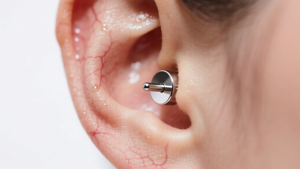 Close-up of a freshly pierced earlobe wearing a titanium flat-back labret stud, illuminated by soft, clean clinical lighting