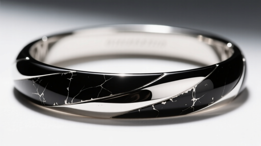 Macro shot of a black rhodium silver collar necklace showing wear and the underlying white metal revealing through the dark finish