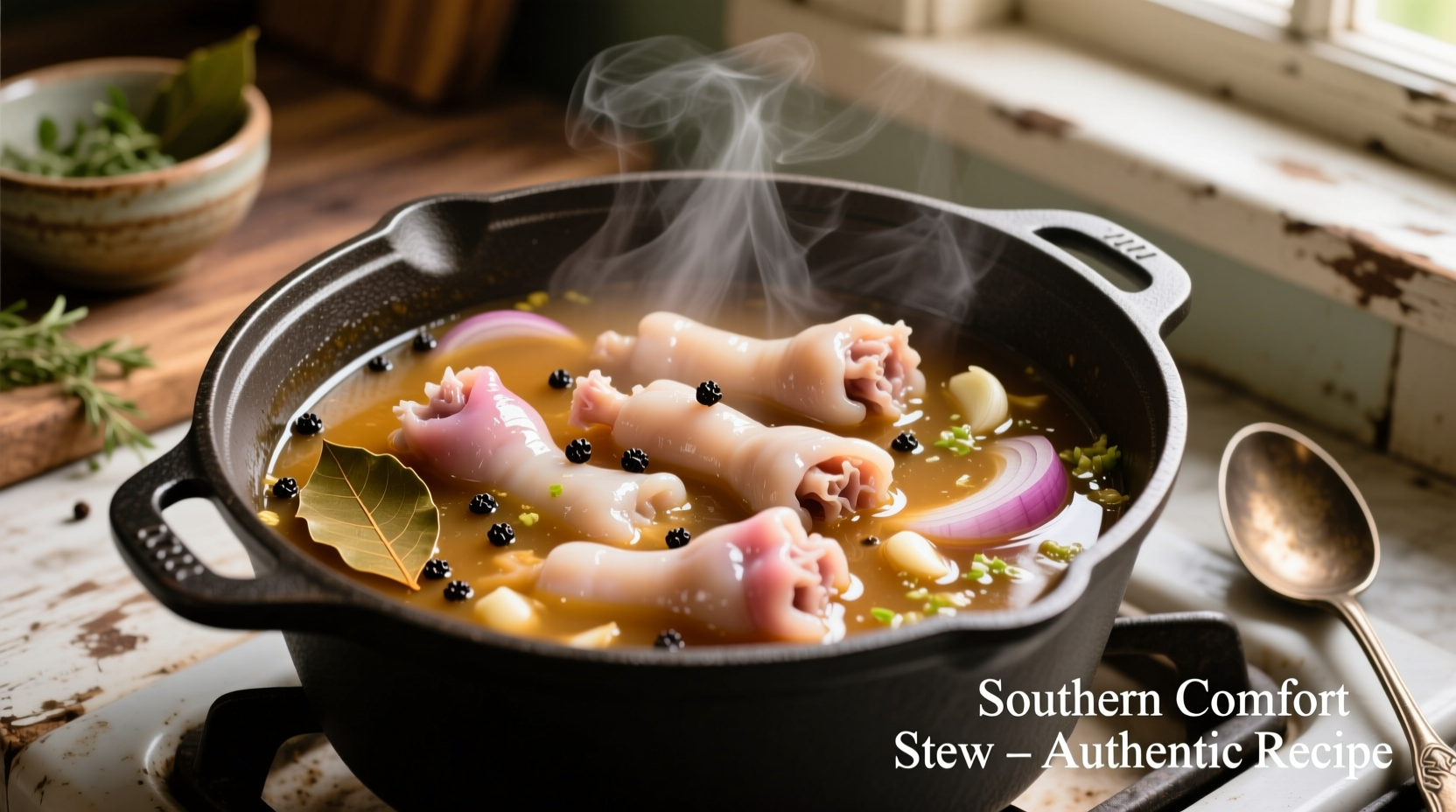 Cleaned chitlins simmering in seasoned broth